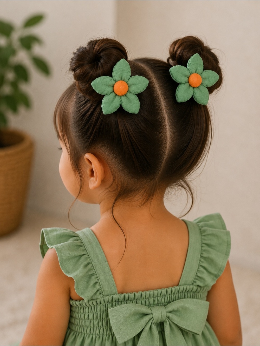Kids Green Flower Hair Clips with Orange Center - Cute Double Set